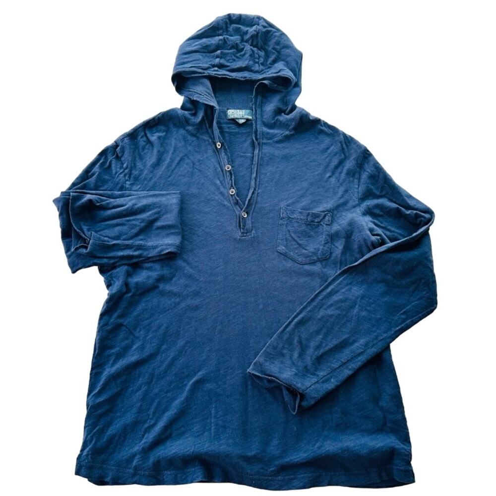 Vintage Polo Ralph Lauren Mens Double Layer Hoodie Pullover Size Large Navy Blue